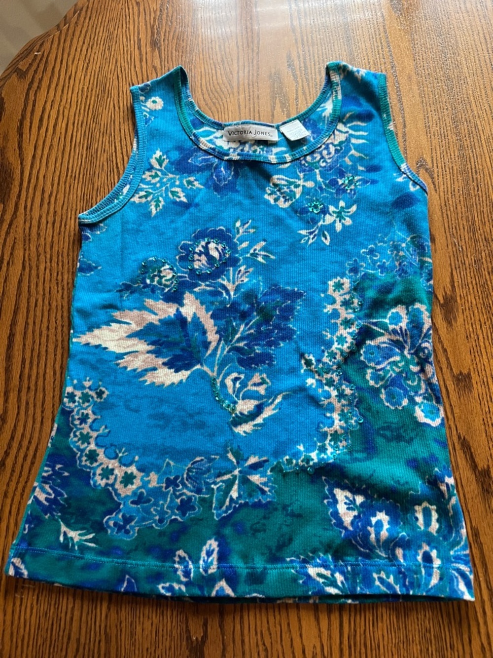 Women’s Victoria Jones Blue and Green Floral Tank Top with Embellishments